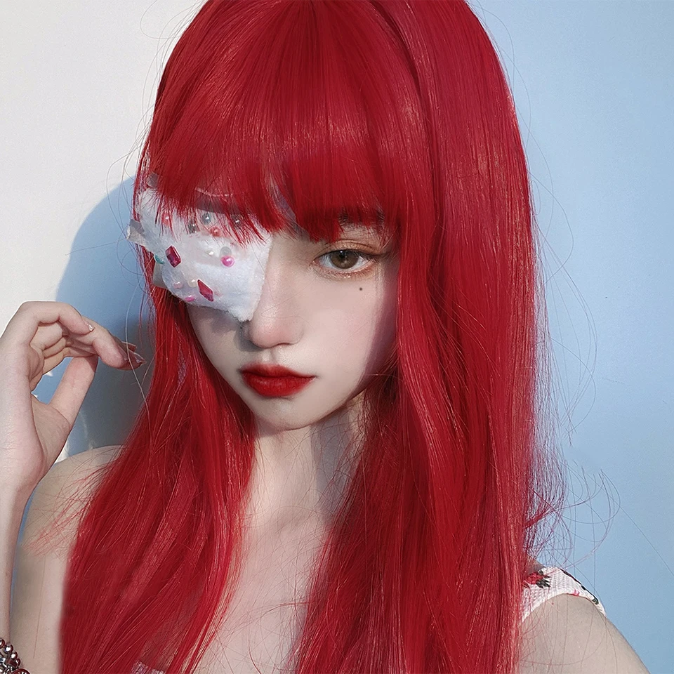 Фото Длинный прямой парик HUAYA для милой девушки красный косплея с челкой термостойкие