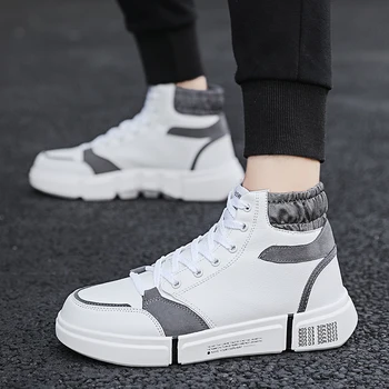 

Men Shoes 2019 New Autumn Casual Leather Flat Shoes Lace-up Hight Top Color Matching Male Sneakers Tenis Masculino Adulto Shoes