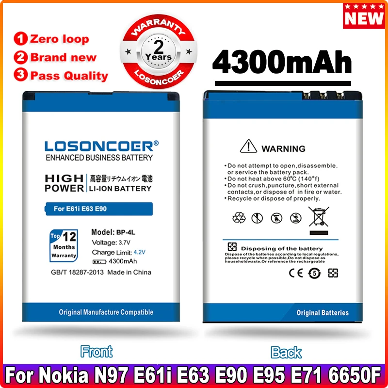 

LOSONCOER 4300mAh BP-4L BP 4L BP4L For Nokia E61i E63 E90 E95 E71 6650F N97 N810 E72 E52 6650 6760 Replacement Phone Battery