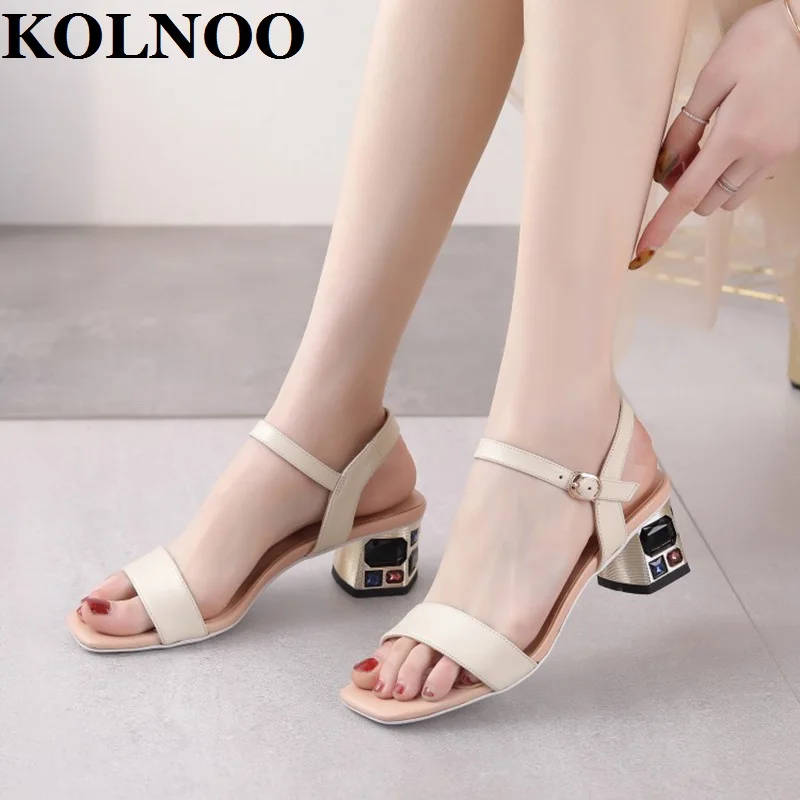 

KOLNOO New Arrival Handmade Womens Chunky Heels Sandals Real Photos Genuie Leather Party Prom Evening Summer Fashion Daily Shoes