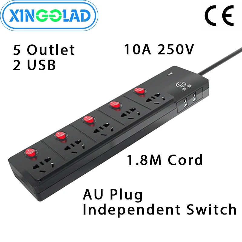AU Plug Independent Switch Power Strip Surge Protector Fire Proof 5 AC Outlets 2 USB charging Port 2500W 1.8M Extension Cord
AU Plug Independent Switch Power Strip Surge Protector Fire Proof 5 AC Outlets 2 USB charging Port 2500W 1.8M Extension Cord