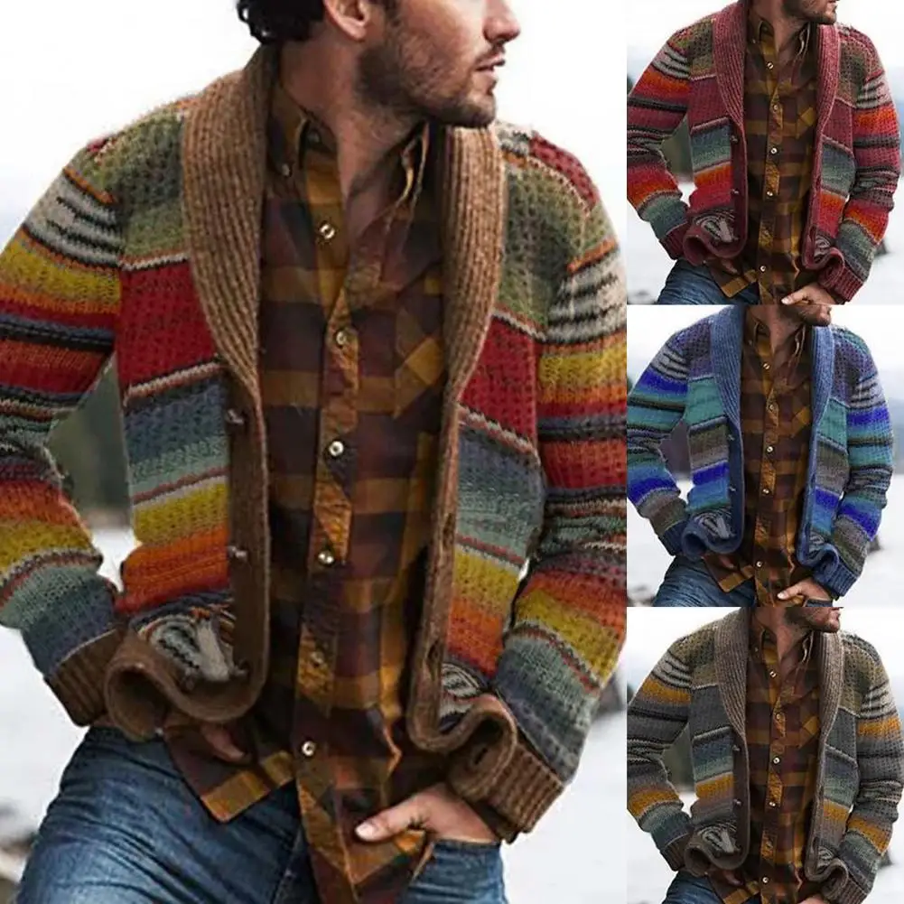 

Western Style Sweater Cardigan Men's Knitwear Autumn Color Block Rainbow Striped Sweater Tops Men's Cardigans 2020 new