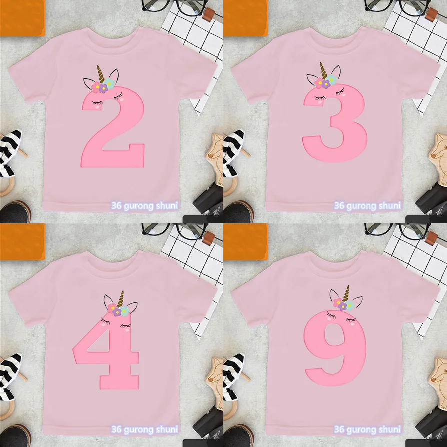 

2024 Pink Kawaii Unicorn T Shirt Birthday Gift 2-9 Years Old Shirt Cartoon Kids Short Sleeve T-Shirts Girls Baby T shirt Top