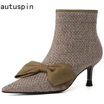 autuspin Elegant Butterfly Knot Ankle Boots Women Fashion Weaving Fabric Thin Heels Botas Female Side Zipper Winter Party Shoes
autuspin Elegant Butterfly Knot Ankle Boots Women Fashion Weaving Fabric Thin Heels Botas Female Side Zipper Winter Party Shoes