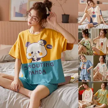 Female Summer Pajamas Set Cotton Short Sleeve Loose Tops Pockets Pants Sleepwear Colored Cartoon Animal Home Loungewear
Female Summer Pajamas Set Cotton Short Sleeve Loose Tops Pockets Pants Sleepwear Colored Cartoon Animal Home Loungewear