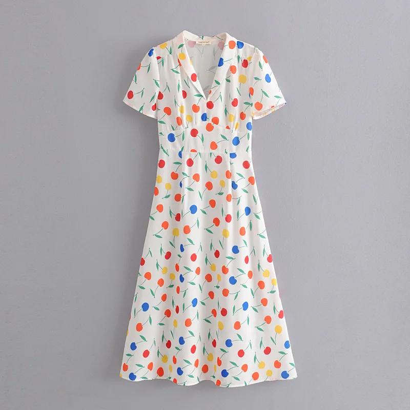 Spring Women Colorful Cherry Print V-neck Slim Dress Turn Down Collar Shirt Mid Dress White Cherry Cute Dress F0121
Spring Women Colorful Cherry Print V-neck Slim Dress Turn Down Collar Shirt Mid Dress White Cherry Cute Dress F0121