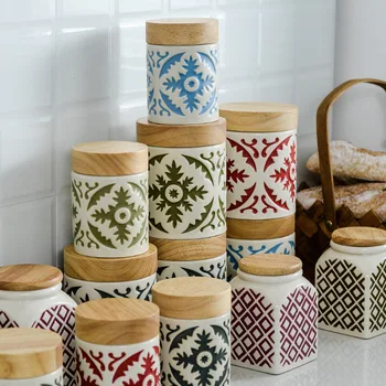 Wooden lid ceramic storage tank creative kitchen coarse grain storage coffee snacks tea bottle sealed jar 
Wooden lid ceramic storage tank creative kitchen coarse grain storage coffee snacks tea bottle sealed jar