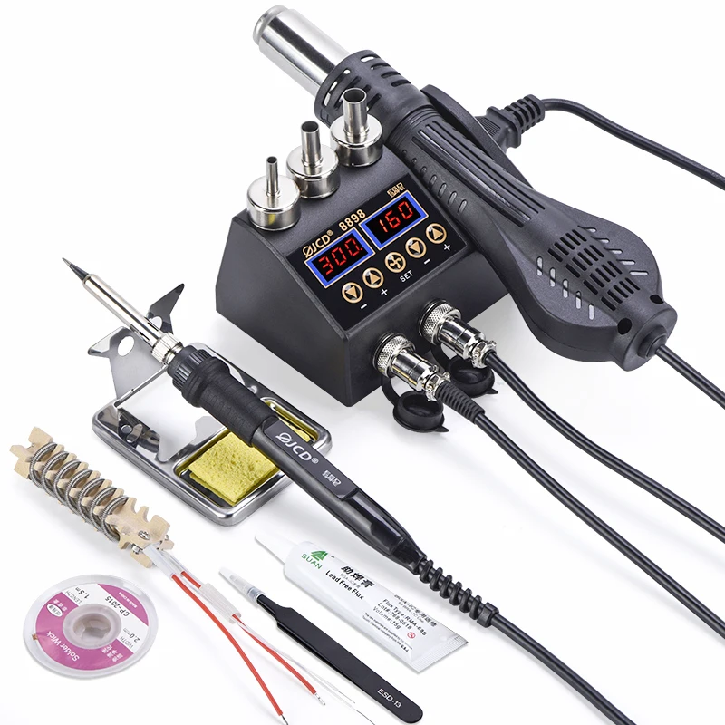 JCD Soldering Station LCD BGA SMD 8898 Hot Air Gun US/EU Attemperation for Cell-phone Soldering Iron Station Welding Rework Tool
JCD Soldering Station LCD BGA SMD 8898 Hot Air Gun US/EU Attemperation for Cell-phone Soldering Iron Station Welding Rework Tool
