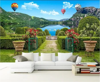 

milofi custom 3d wallpaper mural garden green shade road flower gate big lake 3D mural background wall