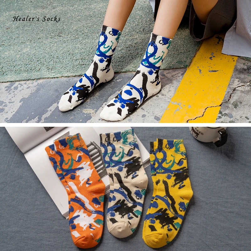 

New Fashion Graffiti Line Men and Women Socks Cotton Happy Knitting Hip Hop Skateboard Funny Trend Sport Kawaii Girls Sockings