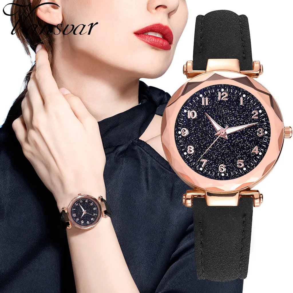 

Best Selling Women Watches Irregular Starry Sky Dial Ladies Analog Quartz Wristwatch Soild Color Leather Strap Clock Kol Saati50