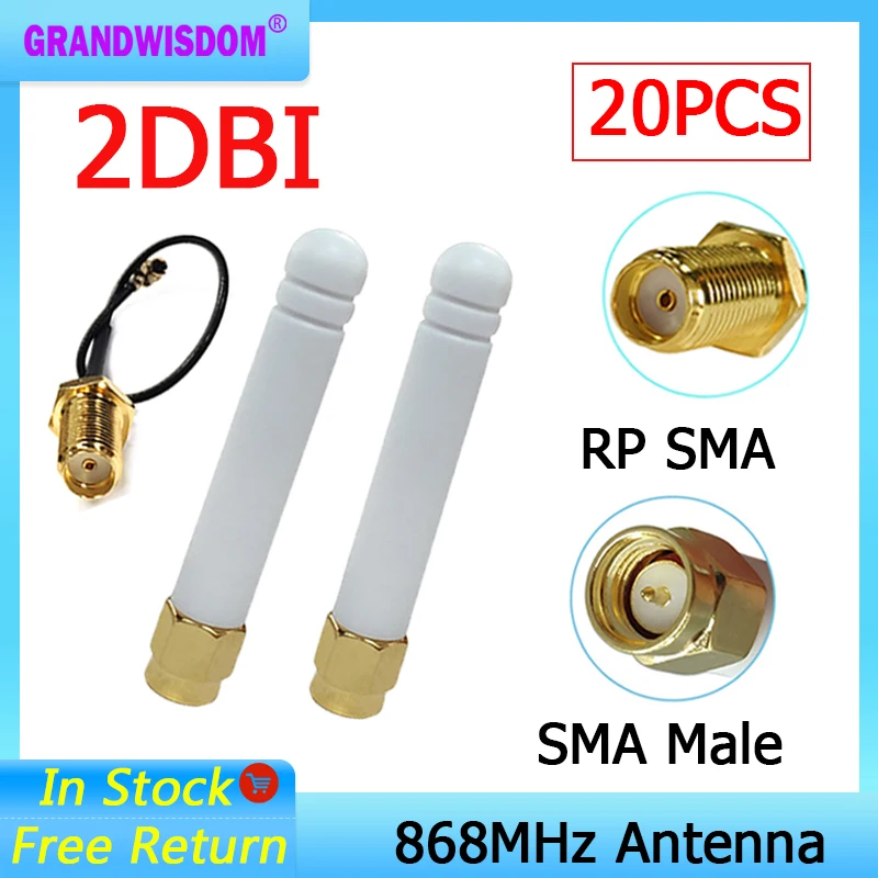 GRANDWISDOM 20 шт. 868 МГц Антенна 2 дБи sma штекер 915 lora антенный модуль lorawan ipex 1 SMA Гнездовой