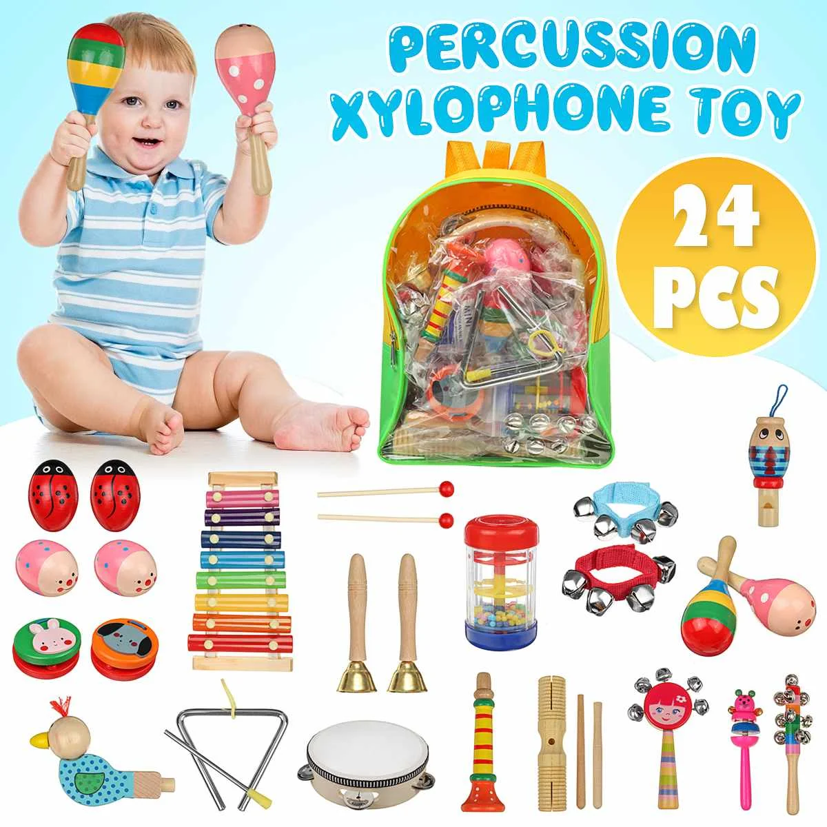 27pcs Baby Toy Music Instrument Toys Wooden Percussion Xylophone Maraca Rattles Kids Preschool Education Toys With Storage Bag 27pcs Baby Toy Music Instrument Toys Wooden Percussion Xylophone Maraca Rattles Kids Preschool Education Toys With Storage Bag