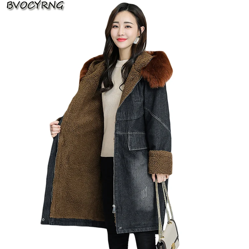 new winter large size denim coat women thick lambswool parka fur collar hooded denim jacket female Medium length Leisure tops 
new winter large size denim coat women thick lambswool parka fur collar hooded denim jacket female Medium length Leisure tops
