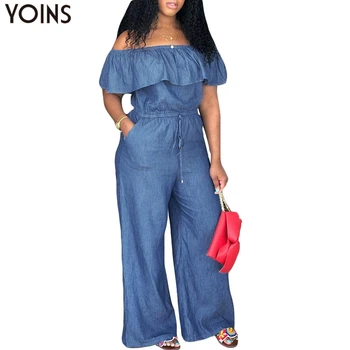 

YOINS Denim Rompers Womens Jumpsuit 2020 Summer Sexy Slash Neck Off Shoulder Ruffles Playsuits Plus Size Wide Leg Pants Overalls