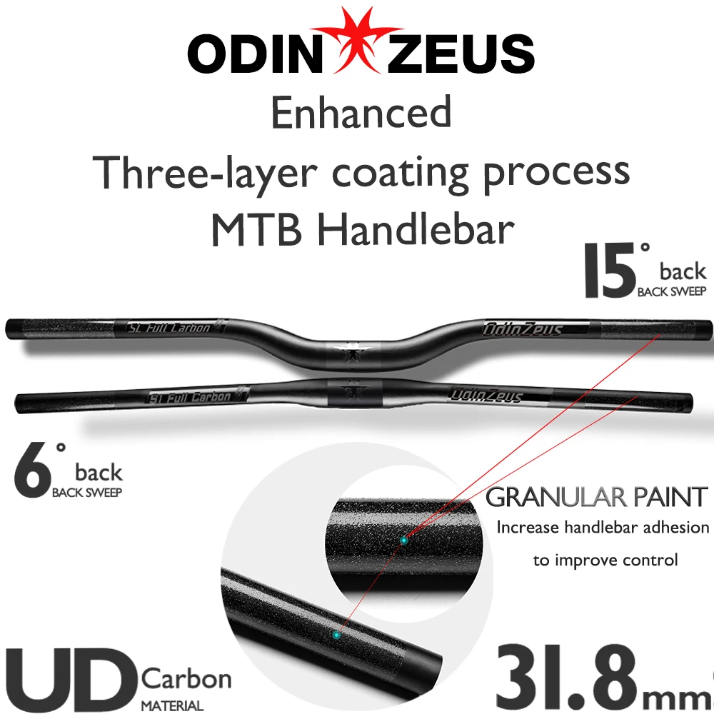 

Odinzeus Full Carbon Bicycle MTB Handlebar Enhanced Three-layer coating process Flat/Rise Clamp 31.8mm back sweep 6/15 Degree