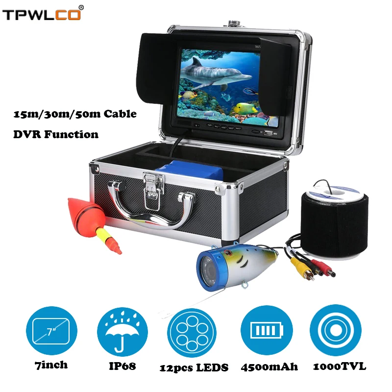 

15m/30m/50m Cable 7inch 1000TVL Fish Finder Underwater Fishing Camera System With 12pcs LEDS 12V4500mAh Battery For River/Sea