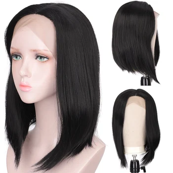 

XUANGUANG Short Straight Synthetic Lace Front Wig Center Parting Hair Wig High Temperature Resistance Black and Blond Color