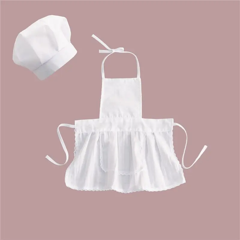 

2 Pcs Cute Baby Chef Apron and Hat Infant Kids White Cook Photos Costume Photography Prop Newborn Hat Apron Photoshoot Clothing