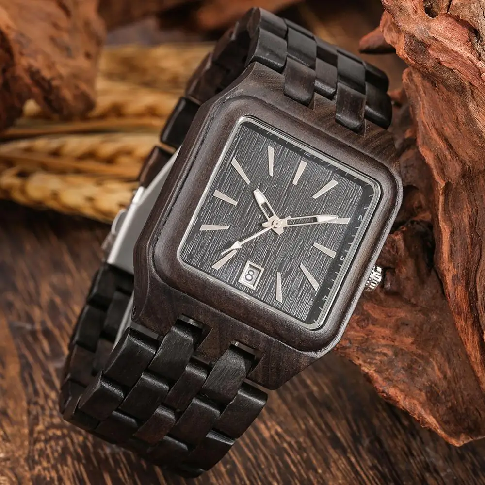 

Men's Wood Watches Unique Rectangle Date Dial Watch Men Full Ebony Wooden Band Clock Male Sports Retro Wristwatch Relojes Hombre