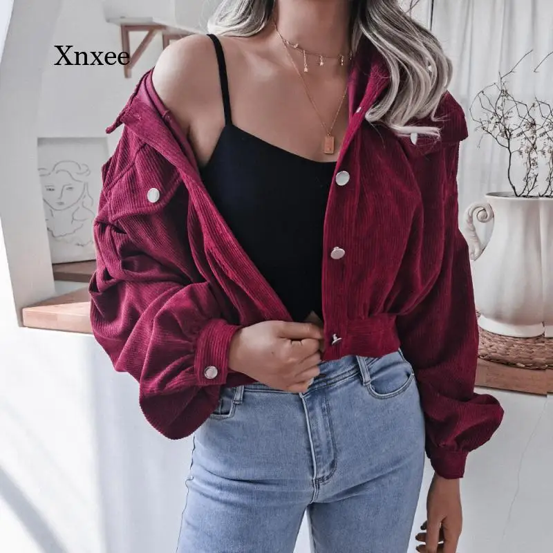 

Women Vintage Buttons Corduroy Jacket Pocket Long Sleeve Loose Tops Cropped Coat short jacket vintage turn down collar burgundy