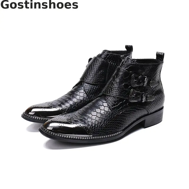 Buckle Straps Genuine Leather Winter Men Short Boots Snakeskin Pattern Printed Luxury Men Work Boots Metal Cap Toe Martin Boots
Buckle Straps Genuine Leather Winter Men Short Boots Snakeskin Pattern Printed Luxury Men Work Boots Metal Cap Toe Martin Boots