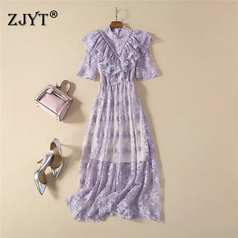 Spring Summer Fashion Runway Dress 2020 Women Elegant Half Sleeve Ruffle Patchwork Transparent Mid Calf Lace Party Dress Purple
Spring Summer Fashion Runway Dress 2020 Women Elegant Half Sleeve Ruffle Patchwork Transparent Mid Calf Lace Party Dress Purple