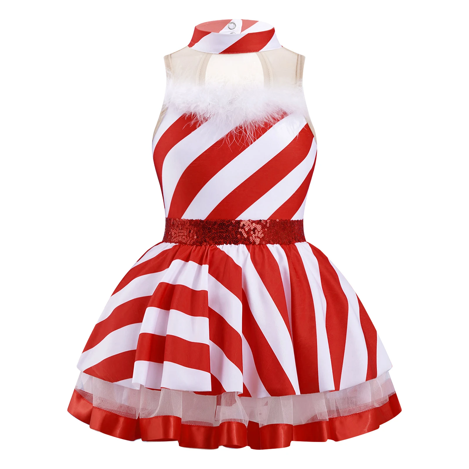 

Kids Girls Christmas Dance Candy Cane Costume Xmas New Year Mrs Santa Elf Cosplay Sleeveless Striped Ballet Tutu Leotard Dress