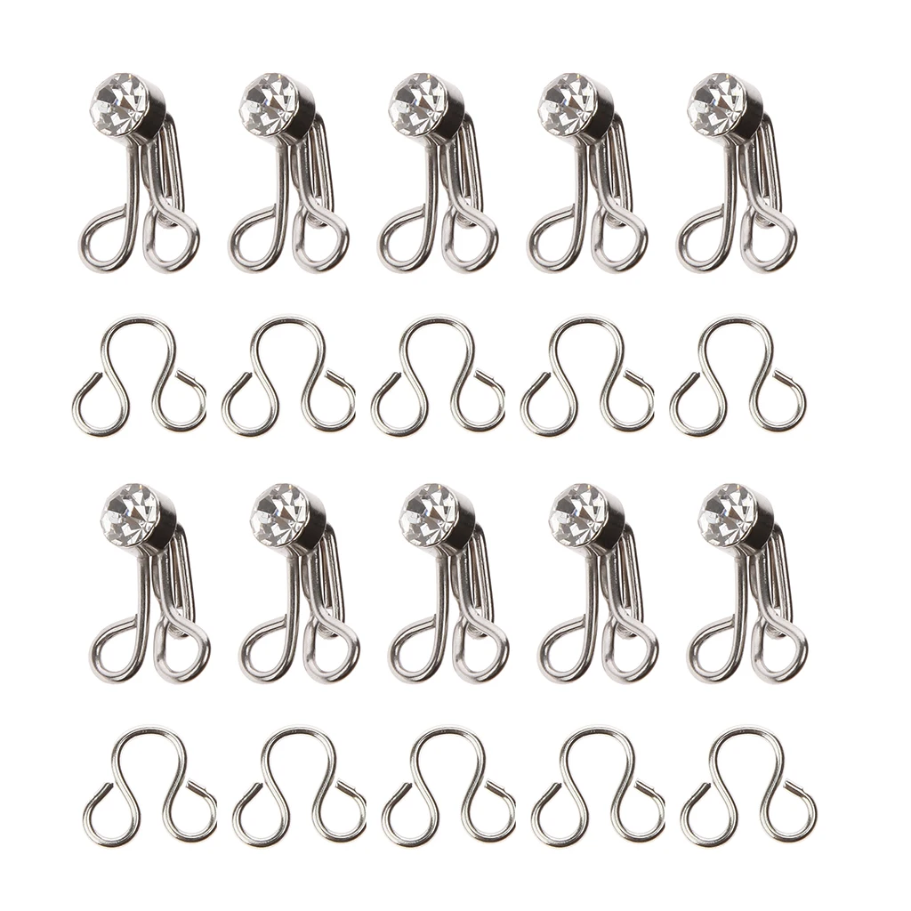 10pcs Collar Hook Fasteners for Skirt Dress Sewing with Rhinestone Silver 10pcs Collar Hook Fasteners for Skirt Dress Sewing with Rhinestone Silver