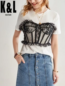 K&L O-neck short sleeve stitching lace T-shirt female 2020 summer new pure cotton split hook flower zipper slim slimming top 
K&L O-neck short sleeve stitching lace T-shirt female 2020 summer new pure cotton split hook flower zipper slim slimming top