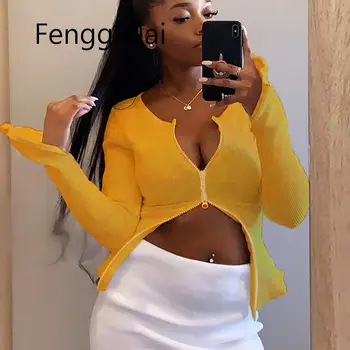 

FENGGUILAI Zipper Front Slit Cuff Cardigan Long Sleeve White Knitted Top Thin Sweater Women 2019 Autumn Sexy Cropped Cardigans