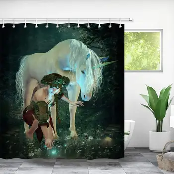 Fantasy Unicorn Shower Curtain Set, Elf Girl and Unicorn Horse in Fairy Forest with Flowers Decor for Bathroom Curtains,
Fantasy Unicorn Shower Curtain Set, Elf Girl and Unicorn Horse in Fairy Forest with Flowers Decor for Bathroom Curtains,