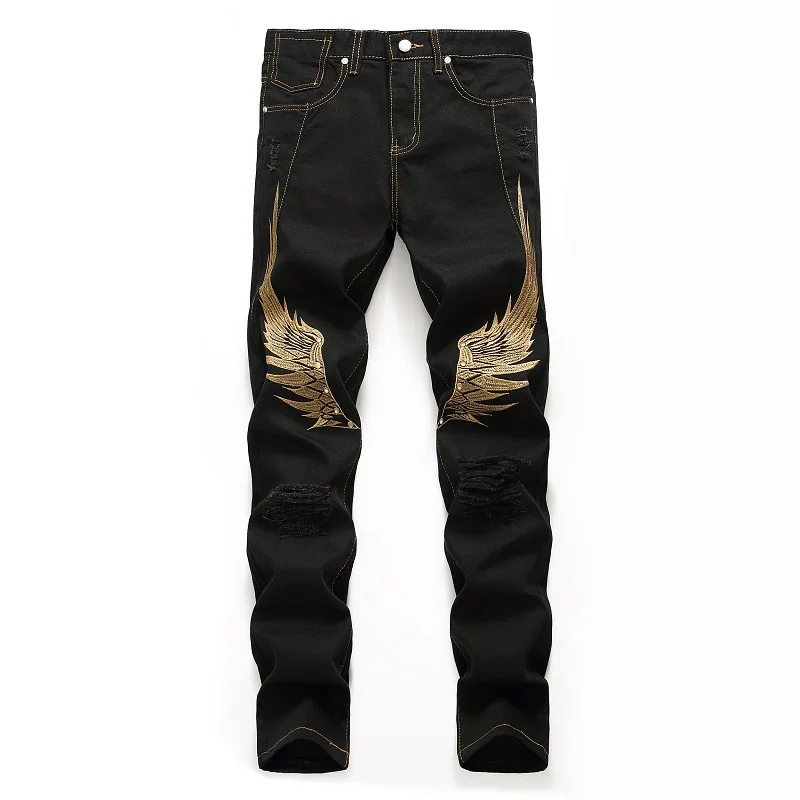 1J popular jeans men's European and American street personality embroidered wings perforated multi color jeans
1J popular jeans men's European and American street personality embroidered wings perforated multi color jeans