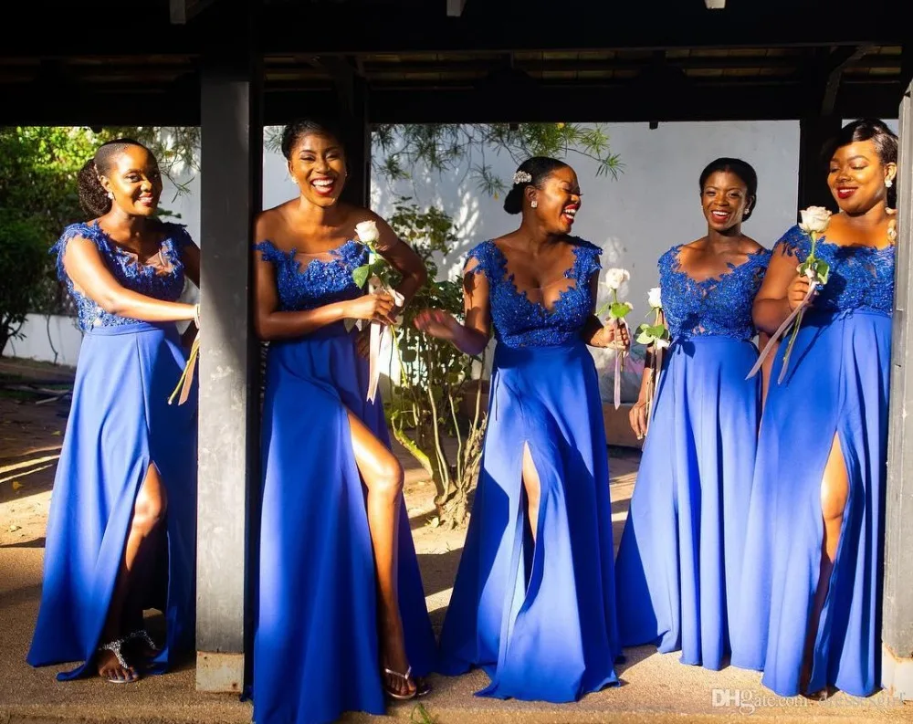 Robe demoiselle d'honneur 2020 Royal Blue Front Split Bridesmaid Dresses Lace Appliques African Maid of Honor Gown (2)