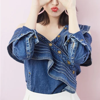 2020 Spring New Cotton Denim Shirt Female Long Sleeve Lotus Leaf Edge Shoulderless Design Jean Blouse Lady Sexy Tops G067630
2020 Spring New Cotton Denim Shirt Female Long Sleeve Lotus Leaf Edge Shoulderless Design Jean Blouse Lady Sexy Tops G067630
