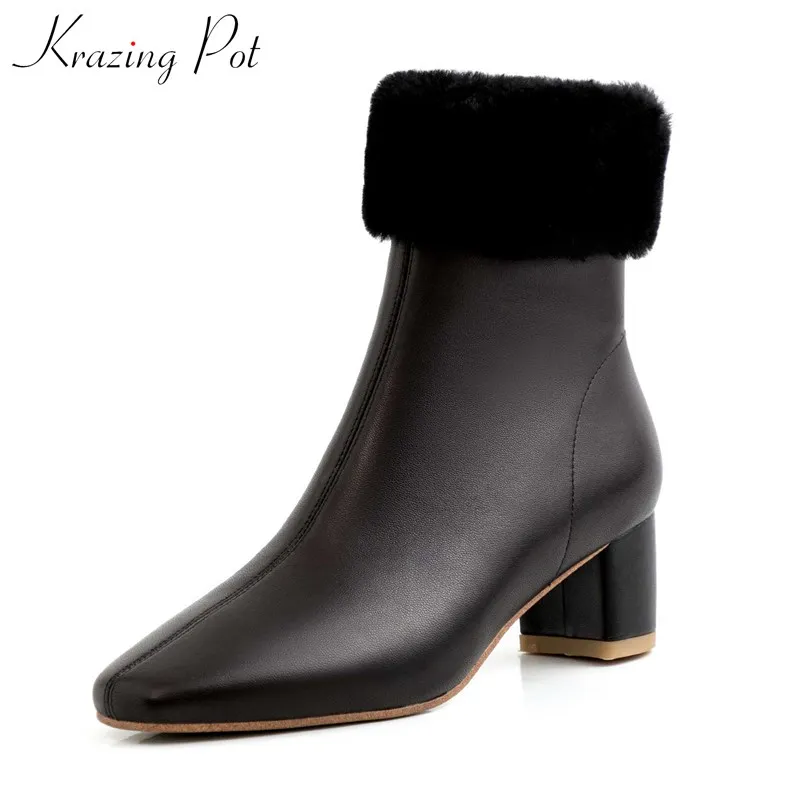 krazing pot solid soft sheep leather lambswool fashion boots round toe med heels side zip winter daily wear warm ankle boots L59
krazing pot solid soft sheep leather lambswool fashion boots round toe med heels side zip winter daily wear warm ankle boots L59