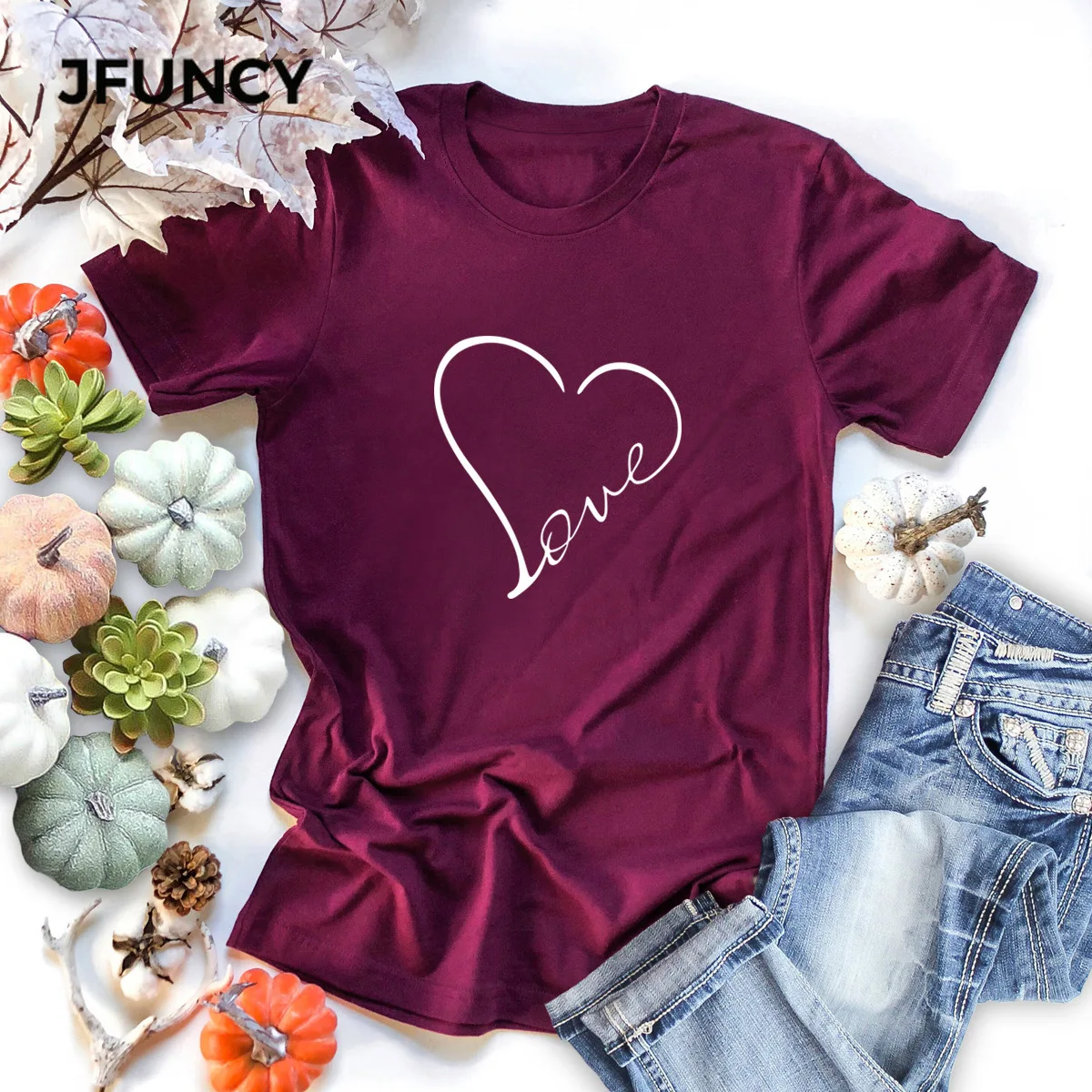 Футболка JFUNCY Женская хлопковая с принтом Love S-5XL Милая рубашка в стиле Харадзюку