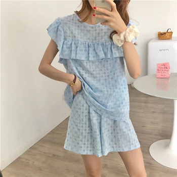 Women Summer Daisy Print Sleepwear Set Falbala Cotton Princess Style Leisure Wear Round Neck Loose Shorts 2pcs Pajamas S328 
Women Summer Daisy Print Sleepwear Set Falbala Cotton Princess Style Leisure Wear Round Neck Loose Shorts 2pcs Pajamas S328