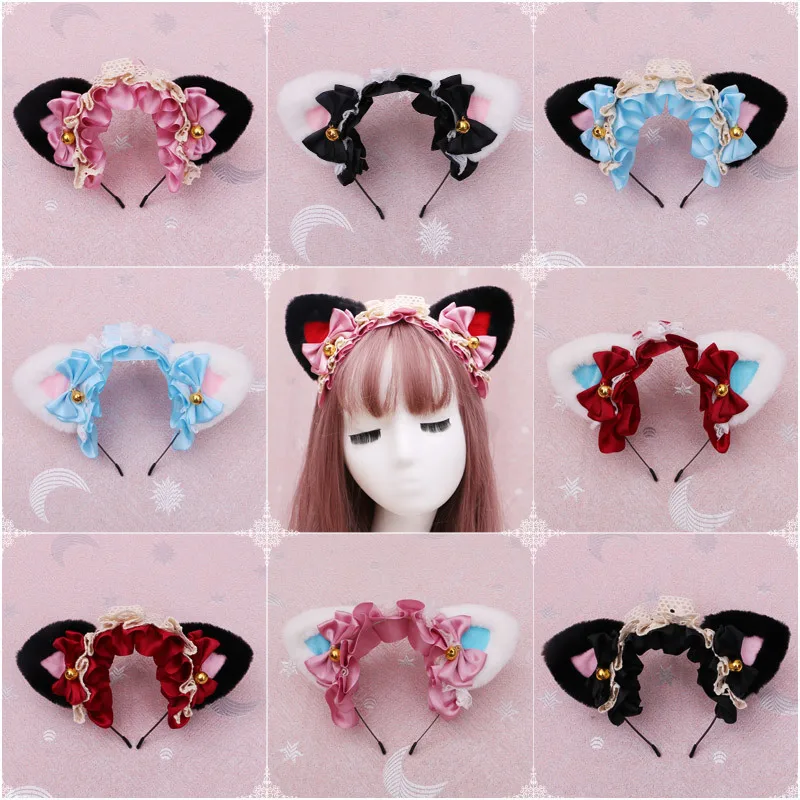 

New Masquerade Halloween Cute Fox Cat Ears Plush Headband Lolita Cosplay Party Costume Bow Tie Bell Girls Anime Hair Accessories