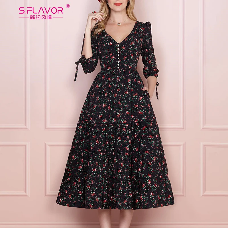 S.FLAVOR Women Vintage Boho Floral Printed Dress 2020 Summer Three Quarter Sleeve V Neck Party Elegant A Line | Женская одежда