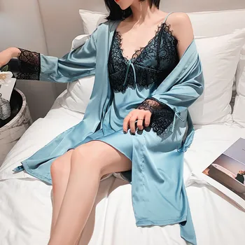2020 New Women Robe Set Stain Silky Sleepwear Sets Sexy Lace Nighty&Robe Set Female 2PCS Pijamas Dress Loose Home Clothes
2020 New Women Robe Set Stain Silky Sleepwear Sets Sexy Lace Nighty&Robe Set Female 2PCS Pijamas Dress Loose Home Clothes