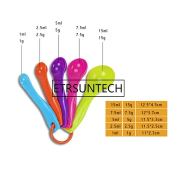 300Set/lot Plastic Measuring Spoons Kitchen Gadgets Colorful 2 Scale (1/2.5/5/7.5/15) g/ml Coffee Spoon Baking Tools 5pcs/set
300Set/lot Plastic Measuring Spoons Kitchen Gadgets Colorful 2 Scale (1/2.5/5/7.5/15) g/ml Coffee Spoon Baking Tools 5pcs/set