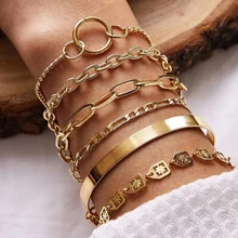 

5pcs Punk Curb Cuban Chain Bracelets Set for Women Miami Boho Thick Gold Color Charm Bracelets Bangles Fashion Jewelry