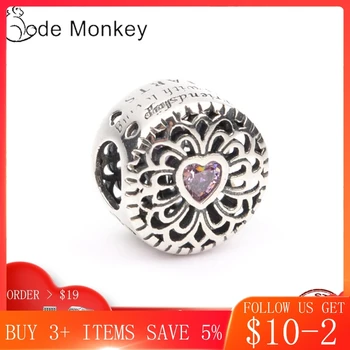 CodeMonkey Authentic 925 Sterling Silver Love And Friendship Beads With Pink Heart Shaped Zircon Fit Original Bracelet CMS083