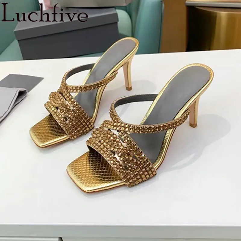 

Crystal Peep Toe Women Slippers Sexy High Heels Party Shoes Runway Summer Shoes Woman Gold Rhinestones Sandals