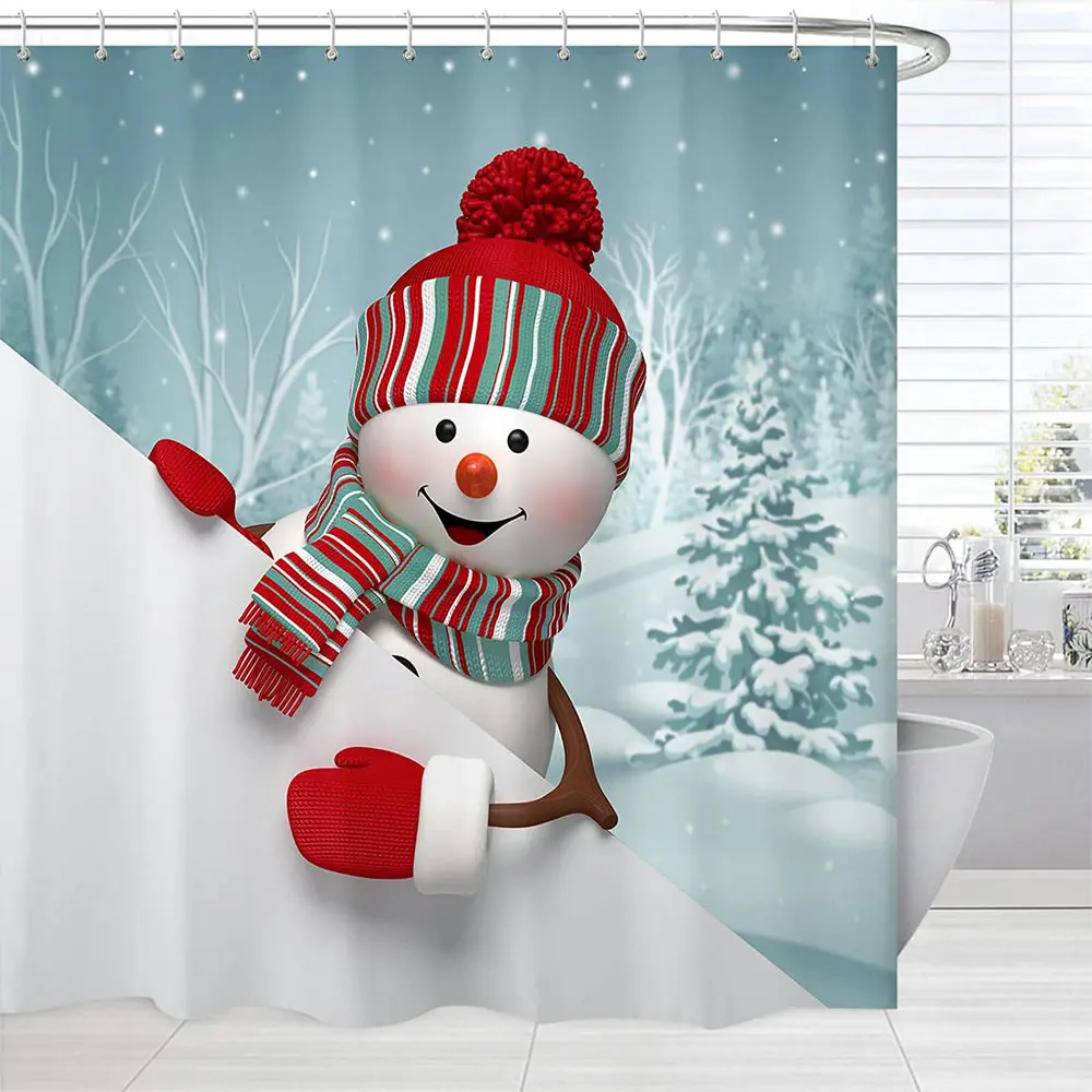 

Merry Christmas Shower Curtain Fabric Cute Snowman Snowy Forest Print Xmas Winter Bathroom Waterproof Polyester Screen With Hook