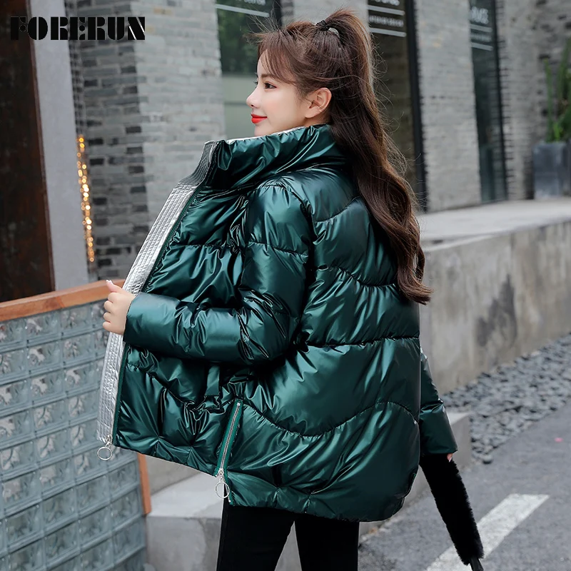 

FORERUN Fashion Winter Jacket Women Solid Standard Collar Glossy Puffer Cotton Padded Bubble Coat Oversized Mujer Parkas
