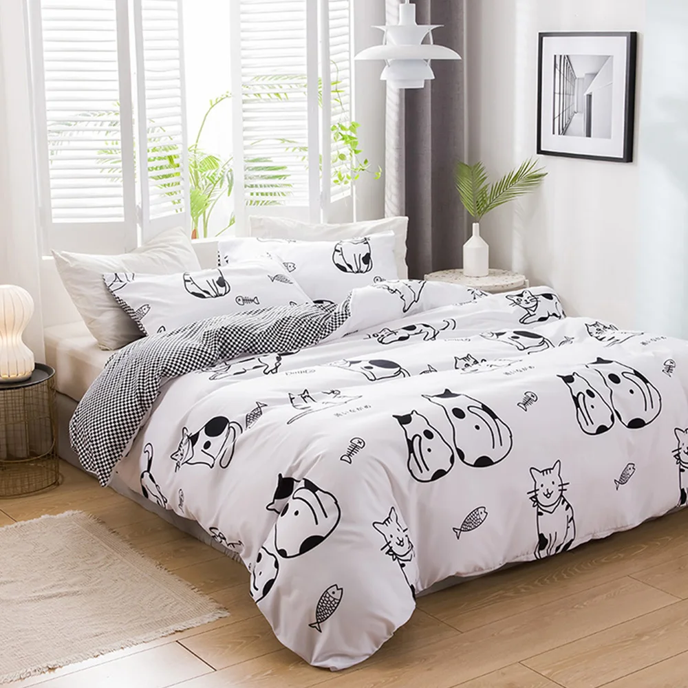 

Cute Cat Duvet Cover Set Grid Plaid 2 Side Kids Boys Girls Comforter Cover Bedding Set White Black Bedclothes Twin Queen Size