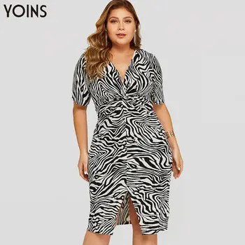 

YOINS Sexy Plus Size Zebra Slit Hem Twisted V-neck Short Sleeve Dress Women 2020 Stylish Midi Dresses Elegant Ladies Vestidos