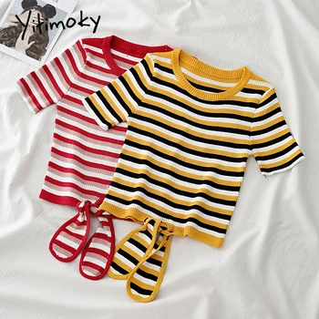 Summer striped knitted ribbed crop shirt short sleeve shirt women hem lace up stretch girls tops runway yellow red women tshirt
Summer striped knitted ribbed crop shirt short sleeve shirt women hem lace up stretch girls tops runway yellow red women tshirt